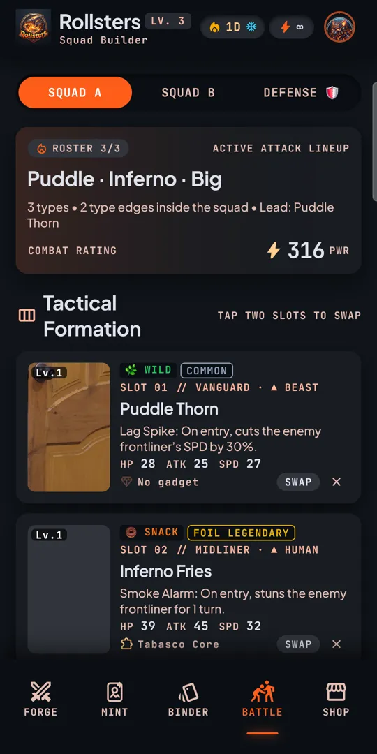 The battle screen with a squad formation